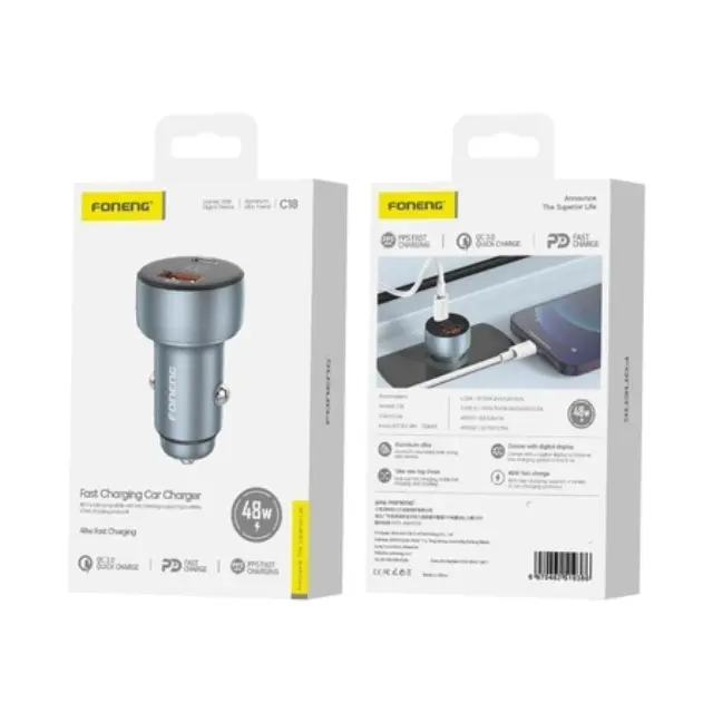 FONENG car charger C18 PD 48W 1xUSB-C + 1xUSB QC3.0 Silver