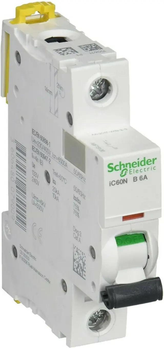 Miniature circuit-breaker, Acti9 iC60N, 1P, 6 A, B curve, 6000 A (IEC 60898-1), 10 kA (IEC 60947-2)