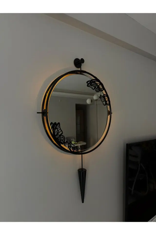 Stewehome Μεγάλο μεταλλικό ασύρματο LED καθρέφτης με σχέδιο πεταλούδας Μαύρο 50x90 cm 2