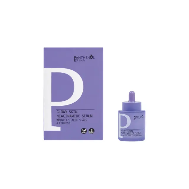 Panthenol Extra Serum Glowy Skin Niacinamide , Ισχυρός Ορός Λάμψης με 4% Νιασιναμίδη & Υαλουρονικό Οξύ για την Μείωση Ρυτίδων, Σημαδιών Ακμής & Ερυθρότητας 30ml