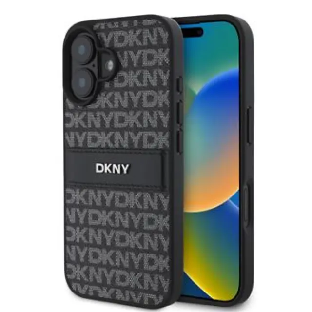 DKNY PU Leather Repeat Pattern Tonal Stripe Case for iPhone 16 Plus Black