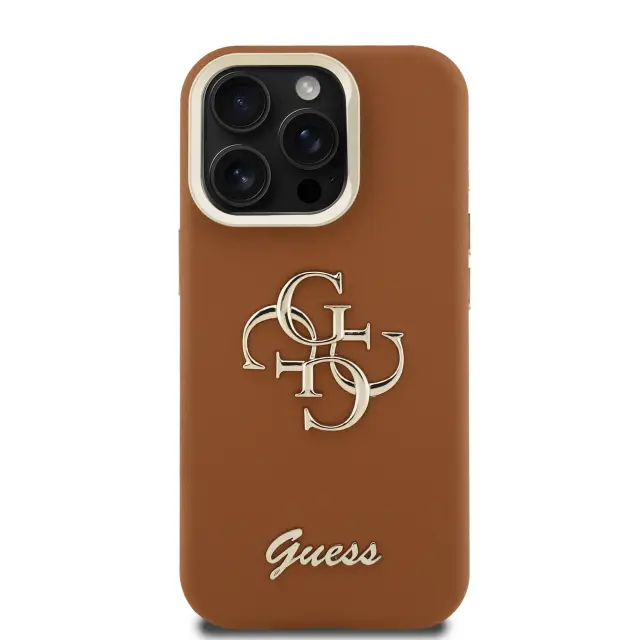 Guess PU 4G Metal Logo Stand Camera Frame Case for iPhone 15 Pro Brown