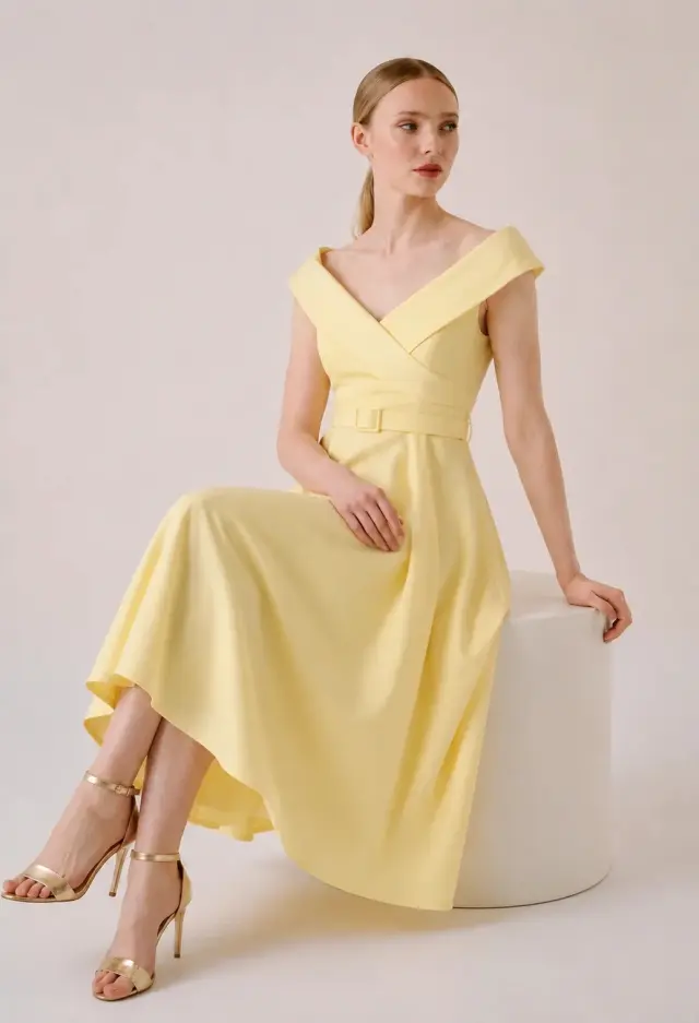 DESIREE Midi Off Shoulder Φόρεμα με Ζώνη Κίτρινο - M 2
