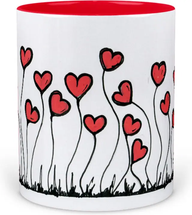 κούπα κεραμική, κόκκινη, flowers hearts , Δώρο , αγίου Βαλεντίνου , λουλούδια καρδίες , με συσκευασία δώρου 325ml 3
