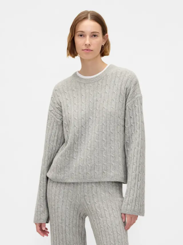 CashSoft Cable-Knit Πουλόβερ με Στρογγυλή Λαιμόκοψη light heather gray