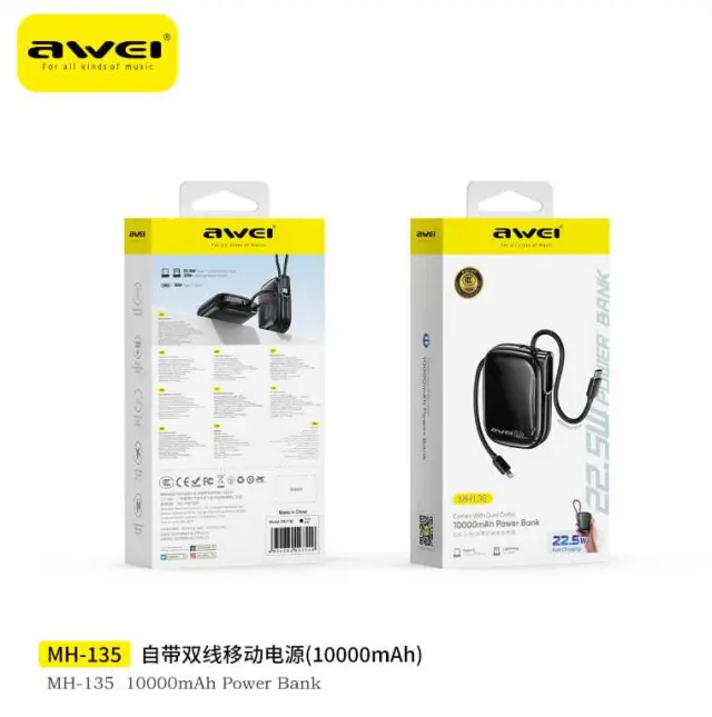 Powerbank - 2in1 - Type-C & Lightning - MH-135 - 10.000mah - 22.5W - AWEI - 027540 - Black 3