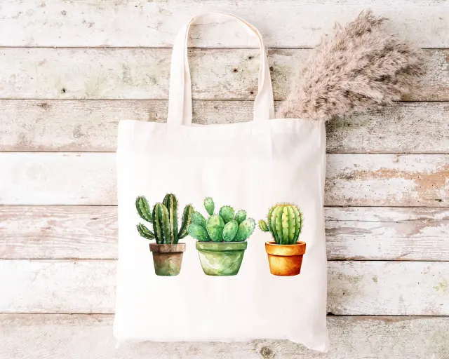 Τσάντα πάνινη υφασμάτινη εκρού με σχέδιο ART ( cactus 100 ) διαστάσεις: 38x40cm μαζί με τα χερούλια 38x70cm
