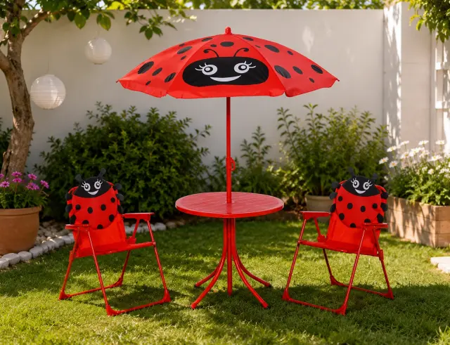 Παιδικό Σετ Κήπου & Βεράντας Lady Bug με Τραπέζι Bistro, Ομπρέλα και 2 Καρέκλες - Μέταλλο - Red FF1000120