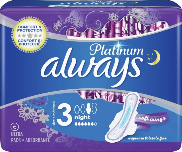 Always Platinum Comfort & Protection Night Ultra Σερβιέτες με Φτερά Νυκτός για Αυξημένη Ροή Μέγεθος 3 6τμχ