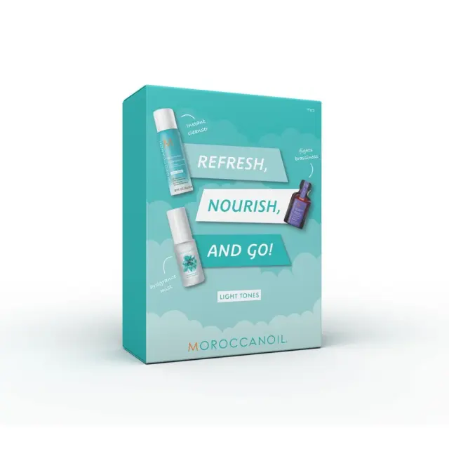 Moroccanoil Refresh, Nourish And Go (Dry Shampoo Light Tones 62ml, Purple Oil Treatment 25ml, Brumes Du Maroc 30ml)