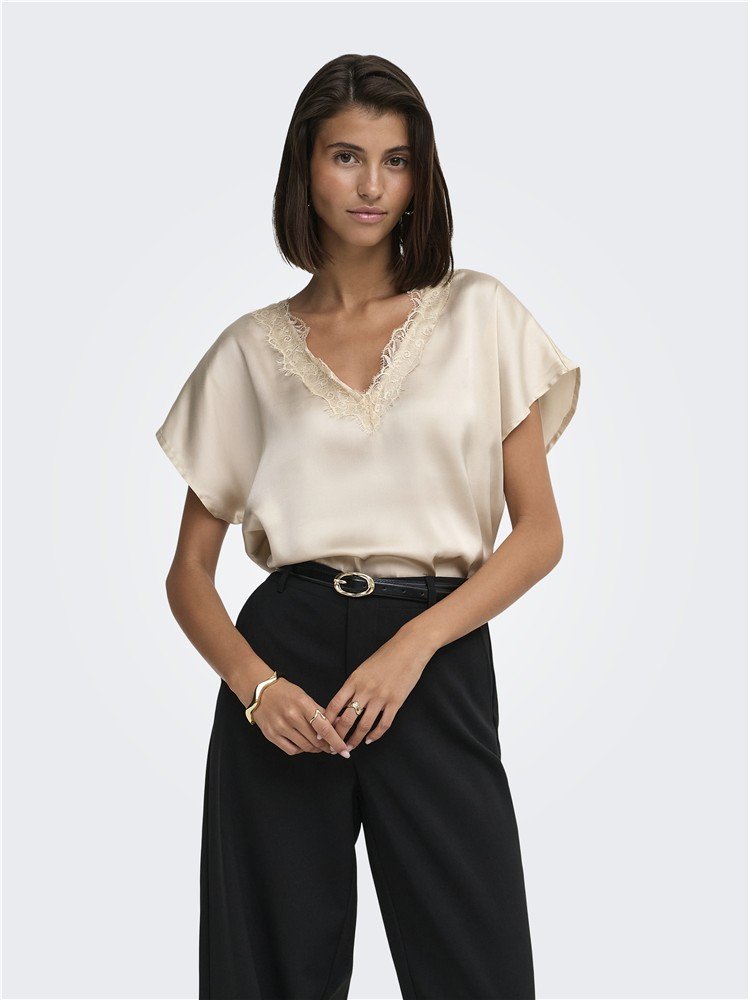 Γυναικεία Σατέν Μπλούζα με Δαντέλα, JDYFIFI S/S V-NECK TOP, JDY - XL