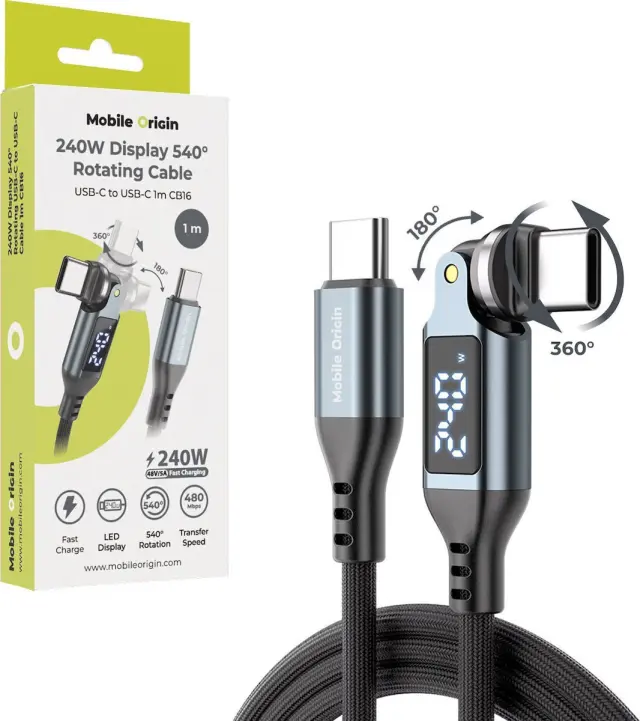Mobile Origin 240W Display 540° Rotating USB-C to USB-C Cable 1 m CB16