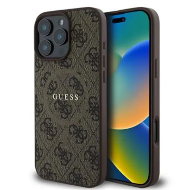 Guess PU Leather 4G Colored Ring MagSafe Case for iPhone 16 Pro Max Brown