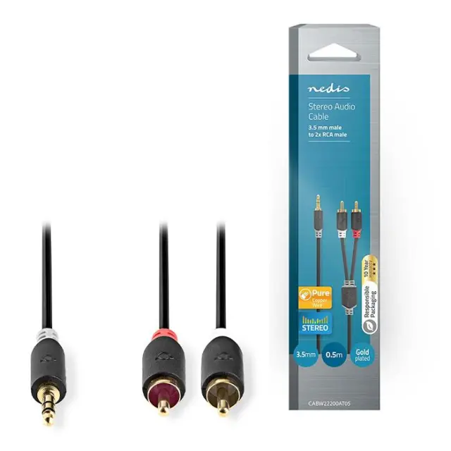 Kαλώδιο 2x RCA αρσ. - 3,5mm Stereo αρσ, 0.5m.
