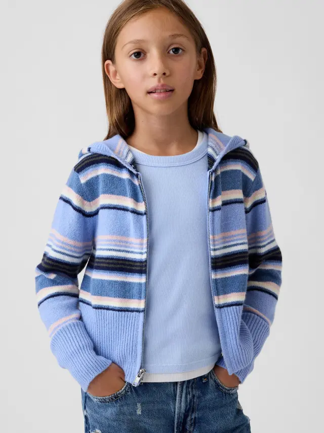 Παιδική Ζακέτα Πουλόβερ CashSoft με Κουκούλα Blue pink stripe