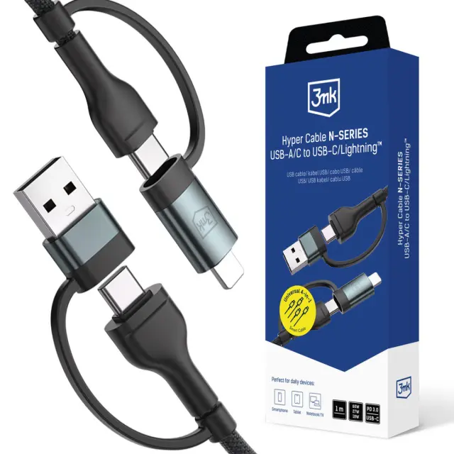 3mk® Hyper N-Series 2in2 USB-A/USB-C σε USB-C/Lightning 1.2 60W- Black