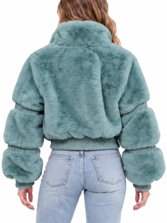 Guess Carla Crop Γυναικείο Τζιν Μπουφάν Γούνα Petrol Πετρόλ - S 2