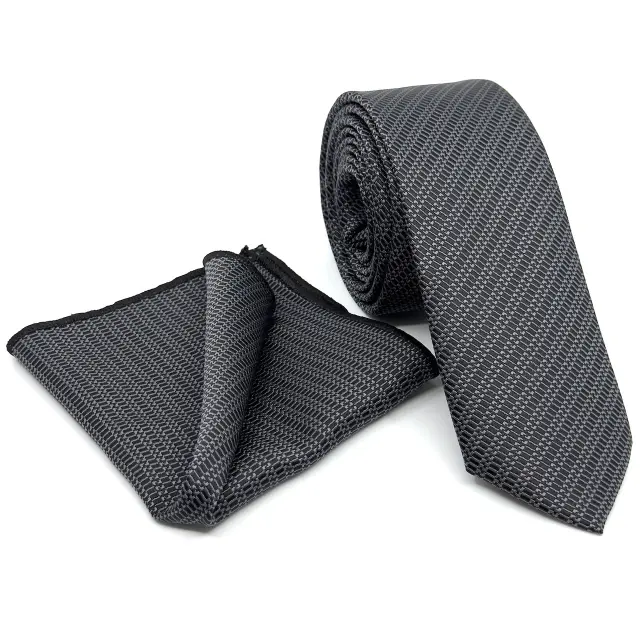 Γκρι Σχεδιαστική Γραβάτα Microfiber Σετ με Μαντηλάκι