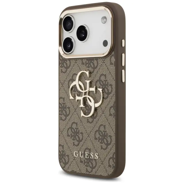 Guess PU Leather 4G Metal Logo Gold Frame Case for iPhone 17 Pro Brown 3
