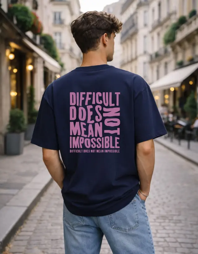 T-shirt Noshame® Oversized Navy με τύπωμα Difficult Does Not Mean Impossible - 142671 - XXL
