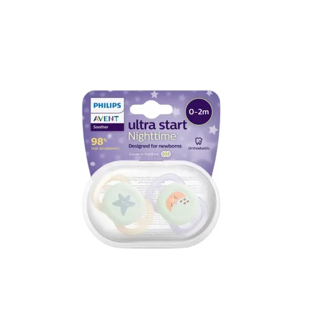 Philips Avent Ultra Start Nighttime SCF075 Ορθοδοντικές Πιπίλες Σιλικόνης 0-2m 2τμχ