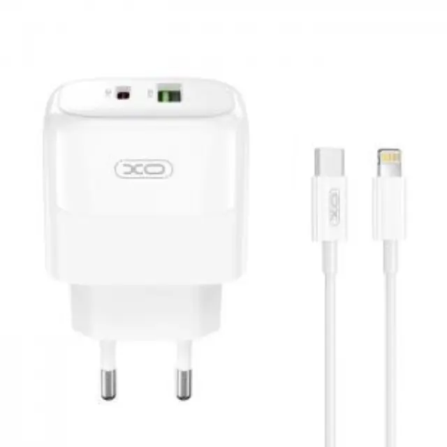 Universal φορτιστής με 2 εξόδους 1xUSB-A & 1xUSB-C και αποσπώμενο καλώδιο Lightning, PD20 & QC18W σε λευκό χρώμα 2