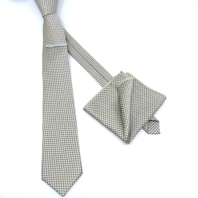 Μπεζ Γραβάτα Microfiber Σετ με Μαντηλάκι 2