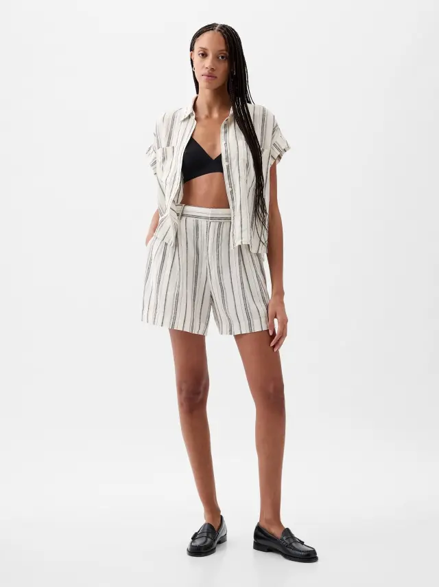 Λευκό Ριγέ 365 High Rise Linen-Blend Σορτς neutral stripe - XS