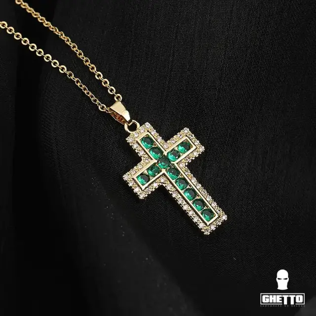 Ghetto CZ Green Cross Pendant Necklace Gold18k Plated 2