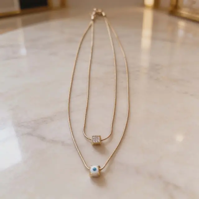 Double Layer Necklace with Evil Eye & Crystal Pendant Gold Stainless Steel