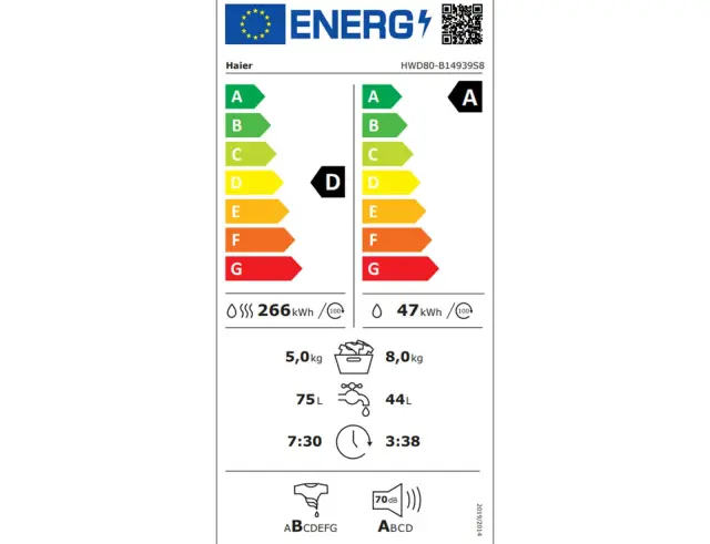 Πλυντήριο Ρούχων (8Kg) + Στεγνωτήριο (5Kg) Haier HWD80-B14939S8 με 1400 Rpm και ενεργειακή κλάση A & D HWD80-B14939S8 2