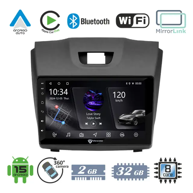 VenCore Οθόνη Multimedia Android 15 9" PX5S Octa-Core 2GB/32GB IPS με Πρόσοψη, CarPlay, Android Auto και Υποστήριξη Κάμερας 360° για Isuzu D-MAX 2012-2019 – Μαύρη (3236-10005-0588B)