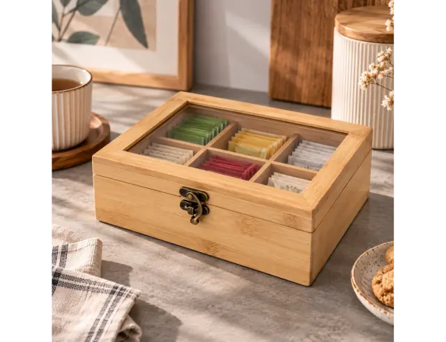 Ξύλινο Κουτί Αποθήκευσης για τσάι Excellent Houseware με 6 θέσεις και διαστάσεις 21x16x7.8cm 784610200