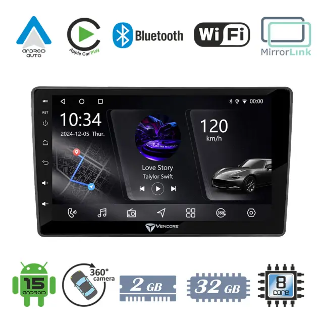 VenCore Οθόνη Multimedia Android 15 9" PX5S Octa-Core 2GB/32GB IPS με Πρόσοψη, CarPlay, Android Auto και Υποστήριξη Κάμερας 360° για Dacia Duster 2022-2026 – Μαύρη (3236-10005-0739B)
