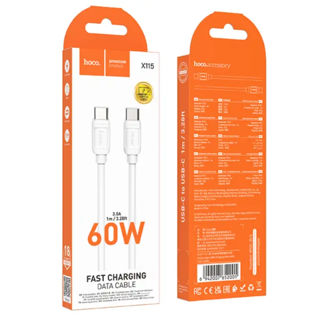 Καλώδιο Hoco X115 Surpass USB-C σε USB-C PD60W 3.0A Λευκό 1m 2