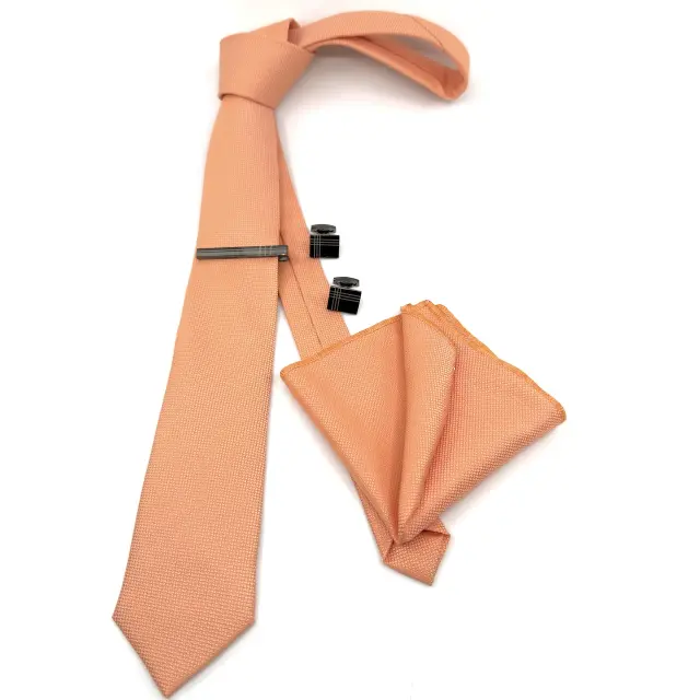 Κοραλί Light Coral Γραβάτα Oxford 6,5 cm με Ασορτί Μαντήλι 3