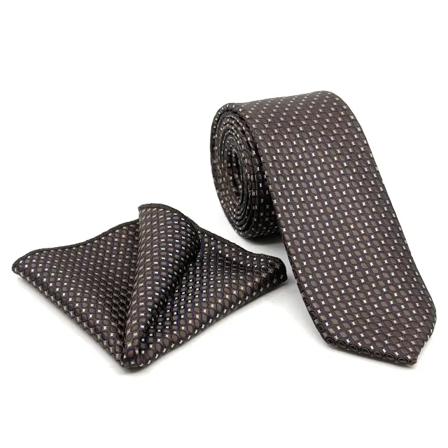 Γραβάτα Microfiber σε Καφέ Μοτίβο Σετ με Μαντηλάκι