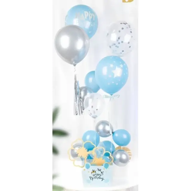 Σύνθεση μπαλονιών 17τμχ Happy Birthday με βάση στήριξης ΜΠΛΕ