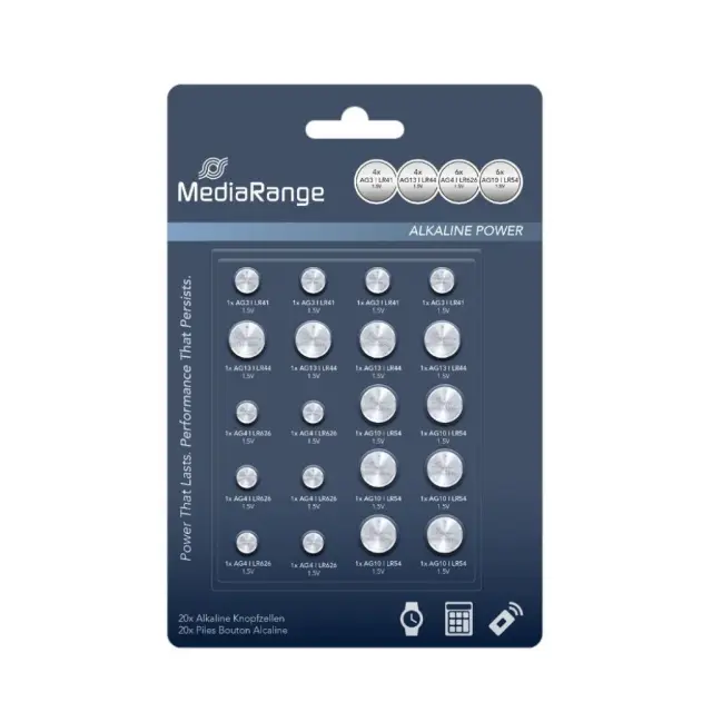 MediaRange Premium Alkaline Coin Cells Assorted set AG3|AG4|AG10|AG13 Pack 20 (MRBAT119)