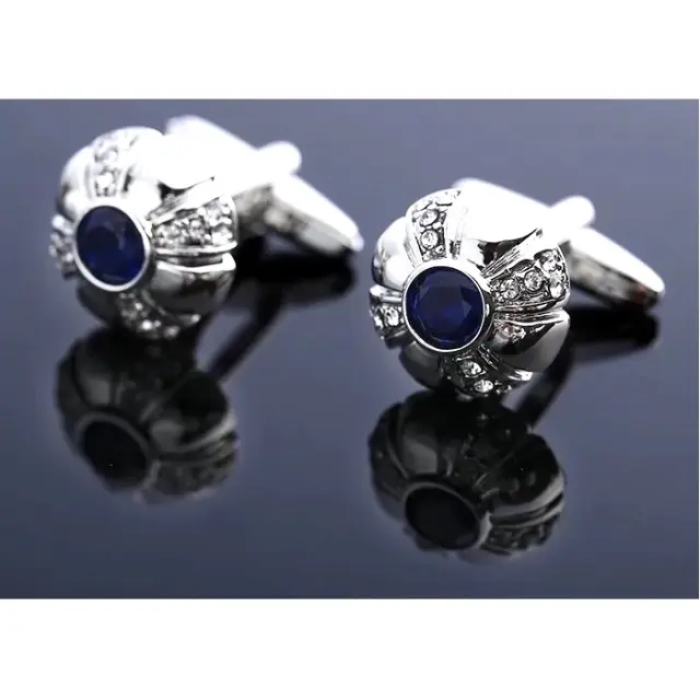 Ασημί Σχεδιαστικά Μανικετόκουμπα με Μπλε Zircon και Στρας – LGD-DK-04 3