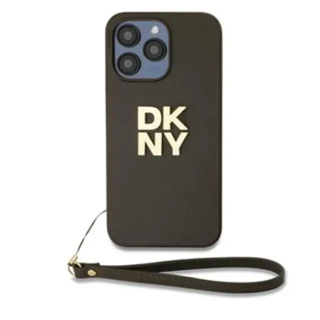 DKNY PU Leather Stack Logo Wrist Strap Case for iPhone 15 Pro Max Brown