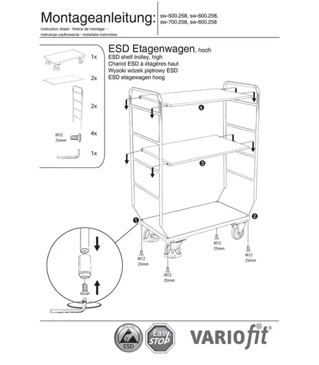 Variofit sw-800.258 Τρόλεϊ Μεταφοράς ESD 3 Επιπέδων για Φορτίο Βάρους ως 250kg 2