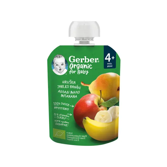 Gerber | Organic For Baby 6m+ | Βρεφικός Φρουτοπουρές με Μήλο, Μπανάνα, Μύρτιλο και Βατόμουρο | 90gr