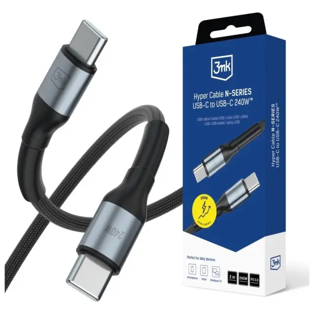 3mk® - USB 2.0 Cable USB-C male - USB-C 240W PD Μαύρο 2m.
