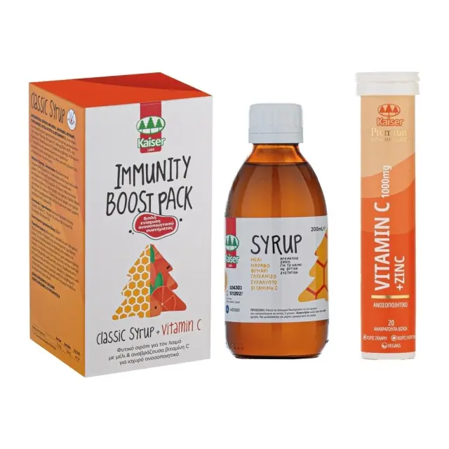 Kaiser Immunity Boost Promo Pack, Φυτικό Σιρόπι για τον Λαιμό - 200ml & Βιταμίνη C + Ψευδάργυρος - 20Αναβρ. Δισκ.