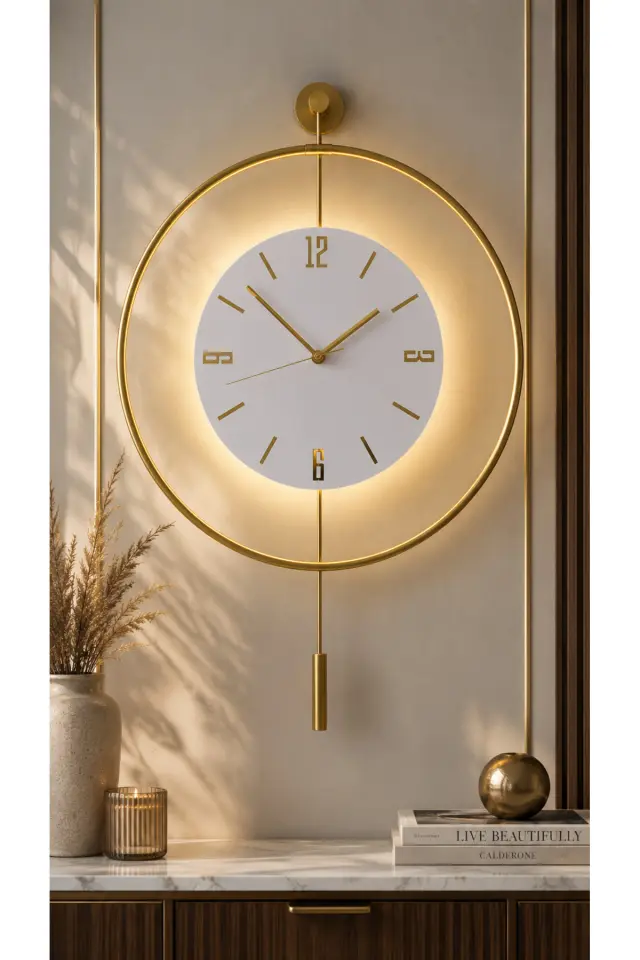 Stewehome Ρολόι τοίχου με φωτισμό LED και μηχανισμό quartz μοντέρνου στρογγυλού σχεδίου Χρυσό 50x75 cm 2