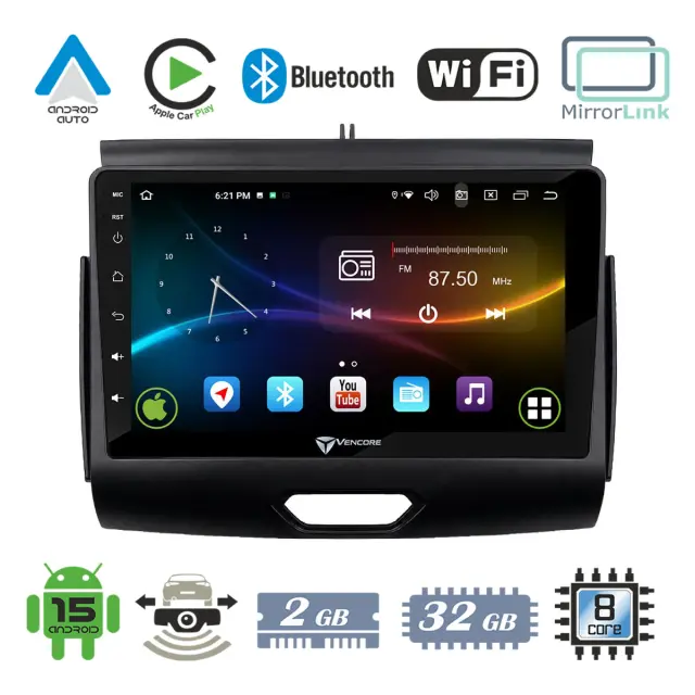 VenCore Οθόνη Multimedia Android 15 9" 9109A MTK6762 Octa-Core 2GB/32GB IPS με Πρόσοψη, CarPlay, Android Auto και Υποστήριξη Κάμερας Οπισθοπορείας AHD για Ford Ranger 2017-2022 – Μαύρη (3236-10007-0496B)