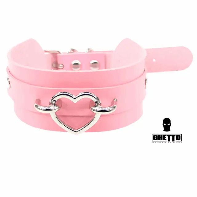 Ghetto Punk Pink Leather Silver Heart Gothic Choker Colar