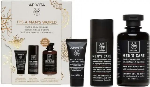 Apivita Promo Men s Care Σετ Ανδρικής Περιποίησης με Κρέμα Προσώπου + Ματιών, 50ml, Gel Καθαρισμού για Πρόσωπο + Μάτια, 50ml + Δώρο Σαμπουάν - Αφρόλουτρο, 250ml, 1σετ