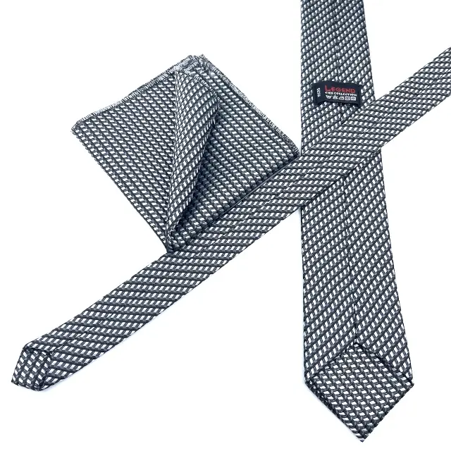 Γραβάτα Microfiber σε Γκρι Μοτίβο Σετ με Μαντηλάκι 3